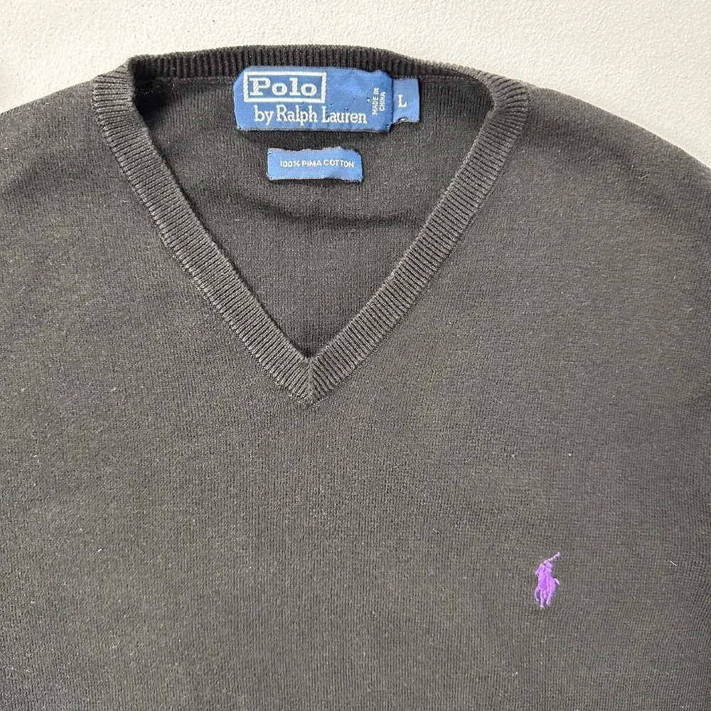 Polo Ralph Lauren Pima Cotton‎ V-Neck Sweater Purple Logo Black L